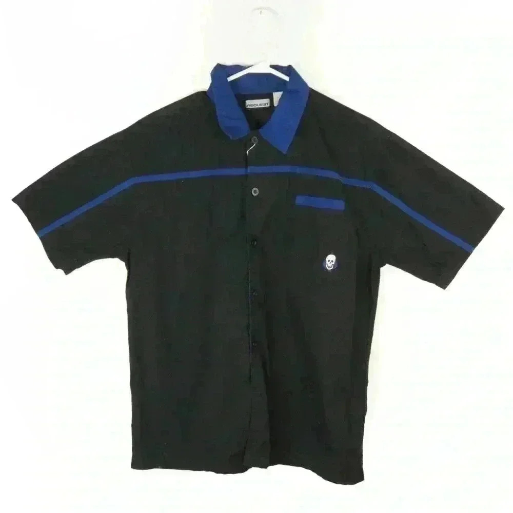 2/10✨Vintage Y2k Nu Metal Guy Ferreri Skull Black Blue Button Down Shirt